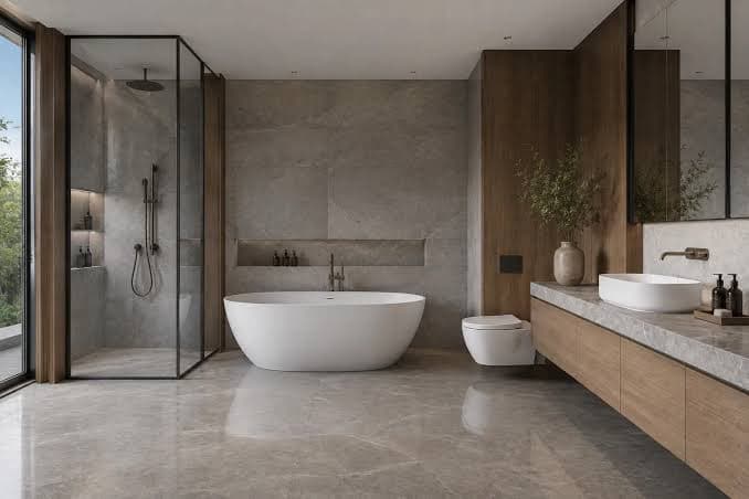 Modern bathroom with a freestanding tub, glass shower, stone tile, and wood millwork vanity