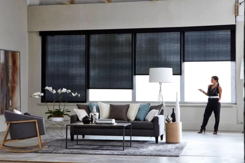 Interior windows fitted with automated roller blinds