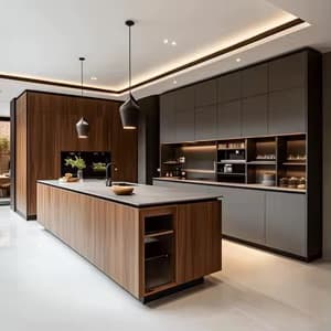 Contemporary kitchen with cabinetry, stone counters, and integrated lighting